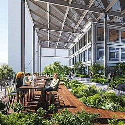 People sitting at tables outside.